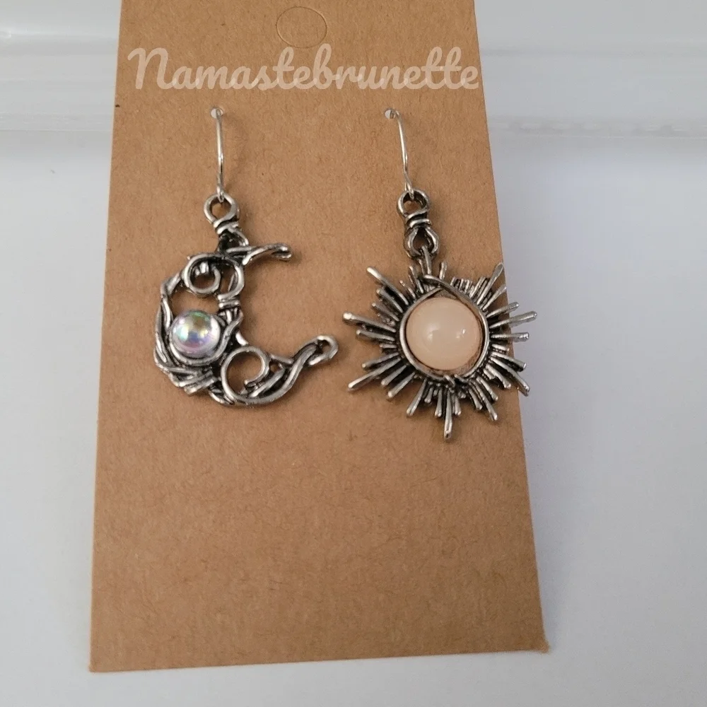 Sun & Moon Silver Wire Wrapped Stone Dangle Drop Earrings